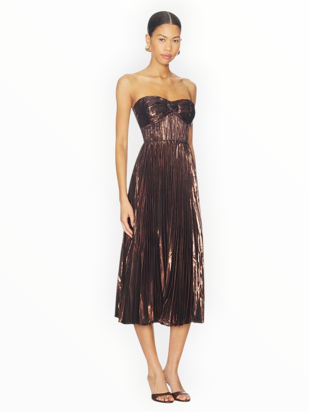 ASTR THE LABEL Revolve Ascella Pleated Midi Dress Strapless Metallic Brown S